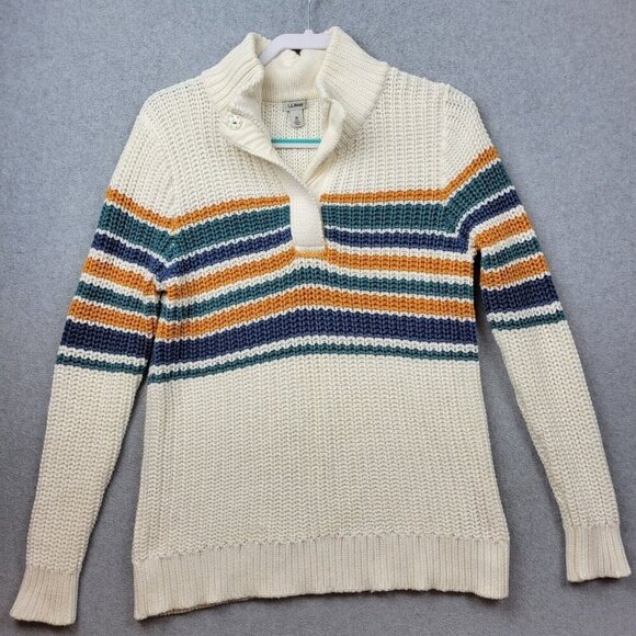 LL Bean Sweater Womens Medium Rope Stitch Shaker Striped Henley Chunky Preppy - Picture 1 of 8